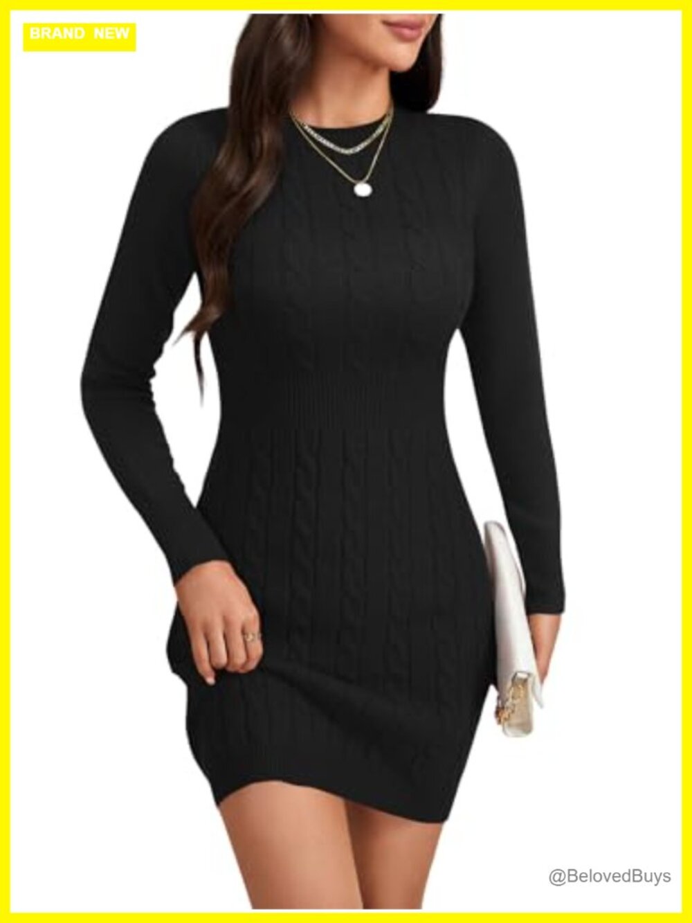 Cable Knit Bodycon Mini Dress Long Sleeve Crewneck Cocktail